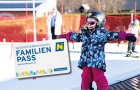 Kleines Mädchen mit Skiern steht am Zauberteppich